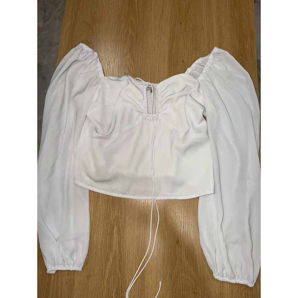 Abercrombie & Fitch White Smocked Back Puff Sleeve Tie Front Crop Top Blouse